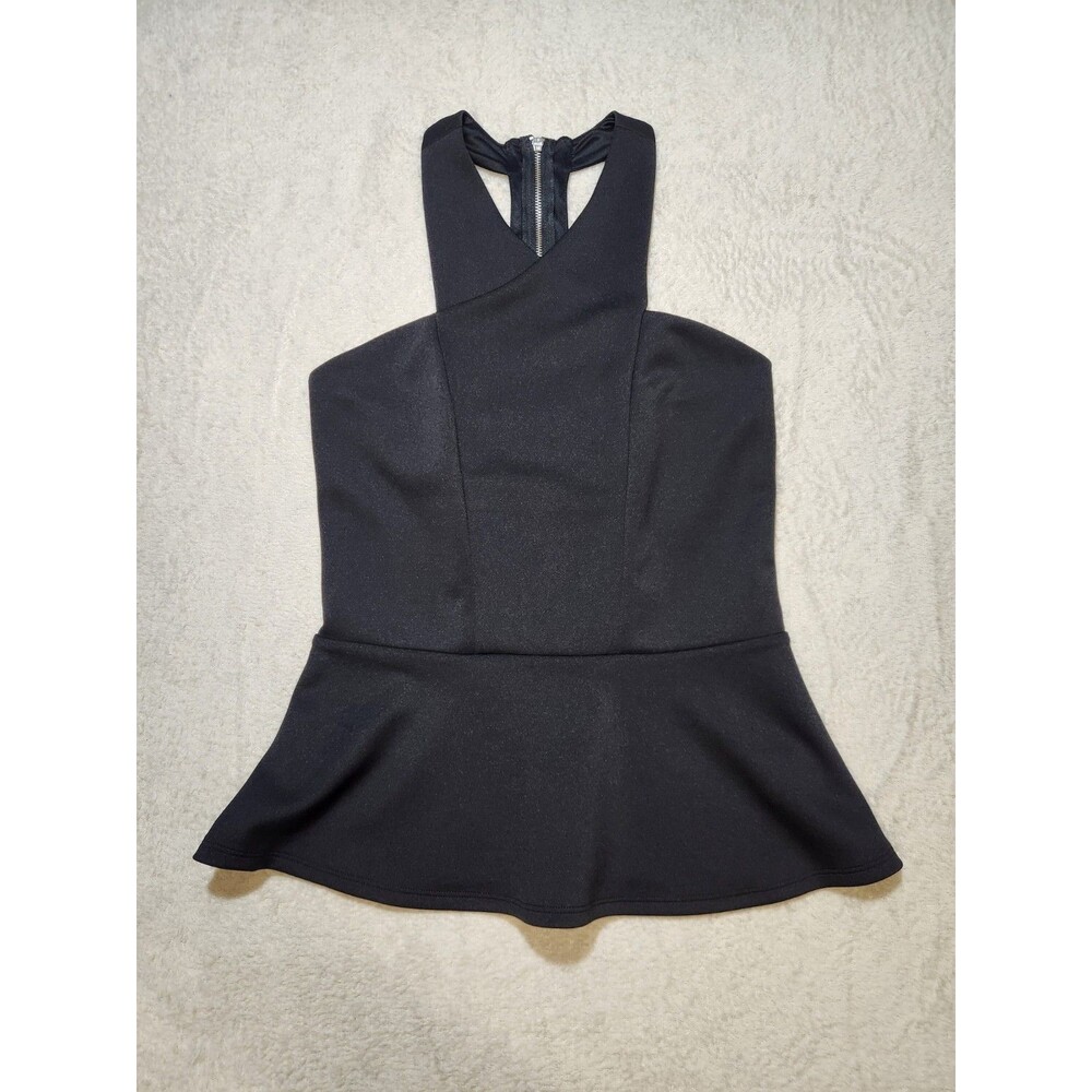 Express Women's S Peplum Tank Top Black Criss Cross Halter Stretch Knit Back Zip